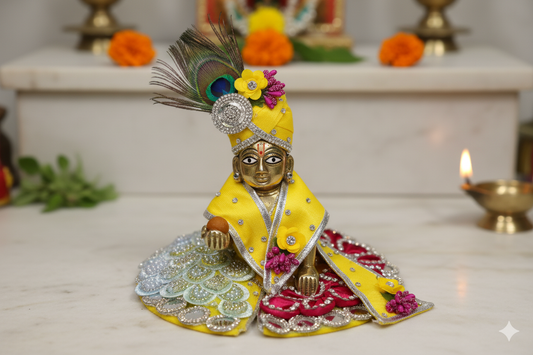 Handmade Laddu Gopal Dress Poshak with Mukut & Pagdi | Krishna Ji Shringar Outfit for Janmashtami & Festivals