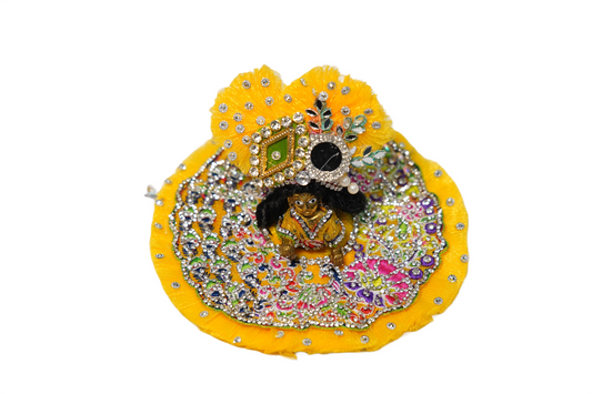 Royal Yellow Laddu Gopal Dress Set – Designer Stone Work Poshak with Peacock Mukut & Patka