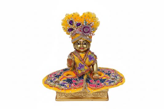 Bright Yellow Embroidered Laddu Gopal Ji Dress with Peacock & Stone Work