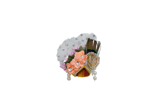Designer Laddu Gopal Dress – Peach Floral & Peacock Feather Poshak