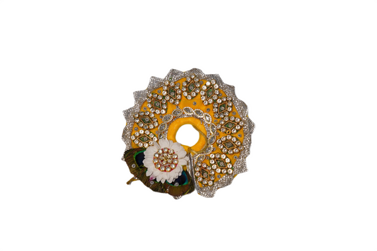 Divine Yellow Laddu Gopal Dress Set – Designer Stone Work Poshak with Peacock Mukut & Patka