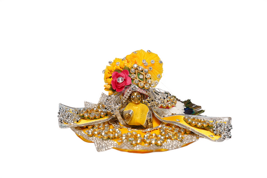 Divine Yellow Laddu Gopal Dress Set – Designer Stone Work Poshak with Peacock Mukut & Patka