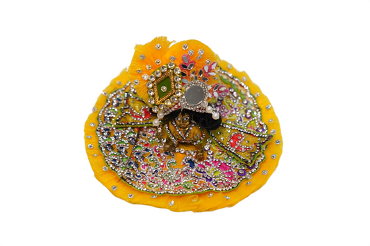 Royal Yellow Laddu Gopal Dress Set – Designer Stone Work Poshak with Peacock Mukut & Patka